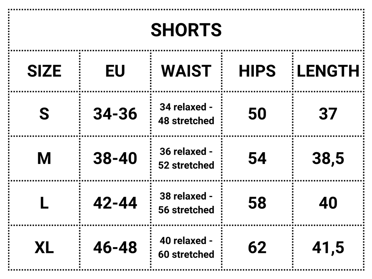 Shorts - Free as the Ocean Size Chart