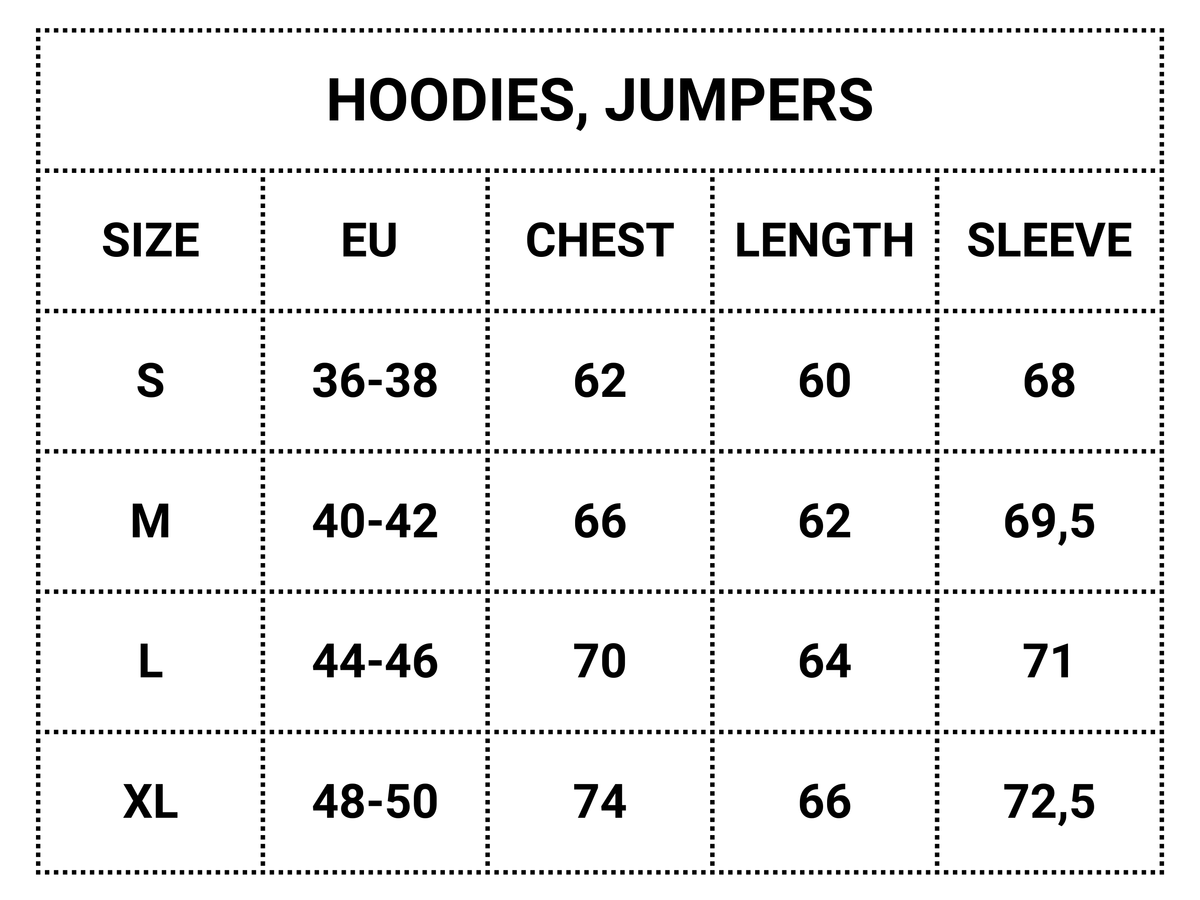 Hoodie - Free as the Ocean Size Chart